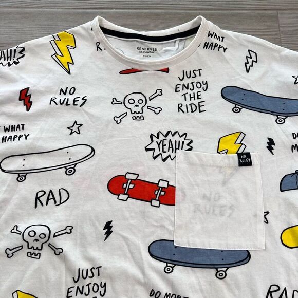 Reserved Eco Aware Short Sleeve Skate Printed White t-shirt Size S/M 100% Cotton - Picture 2 of 9